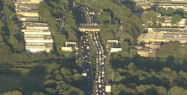 Hundreds of Sydney residents pack the motorway amid a train strike. Photo: Nine Network