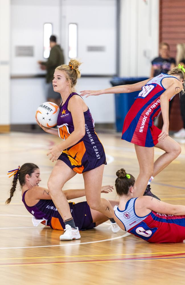 Liberty Grohn for Sunshine Coast against Darling Downs in Queensland School Sport 13-15 Years Girls Netball Championships at The Clive Berghofer Sports Centre, The Glennie School, Friday, May 6, 2022. Picture: Kevin Farmer