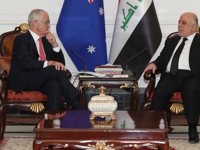 Malcolm Turnbull with Iraqi Prime Minister Dr Haider Al-Abadi at the Government Palace in Baghdad. Picture: Andrew Meares