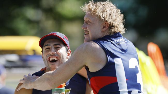 NCA. MELBOURNE, AUSTRALIA. 22th November 2024.  AFL . Melbourne training at Gotchs Paddock.  Christian Petracca has a laugh with Clayton Oliver  during todays training session .  Picture: Michael Klein