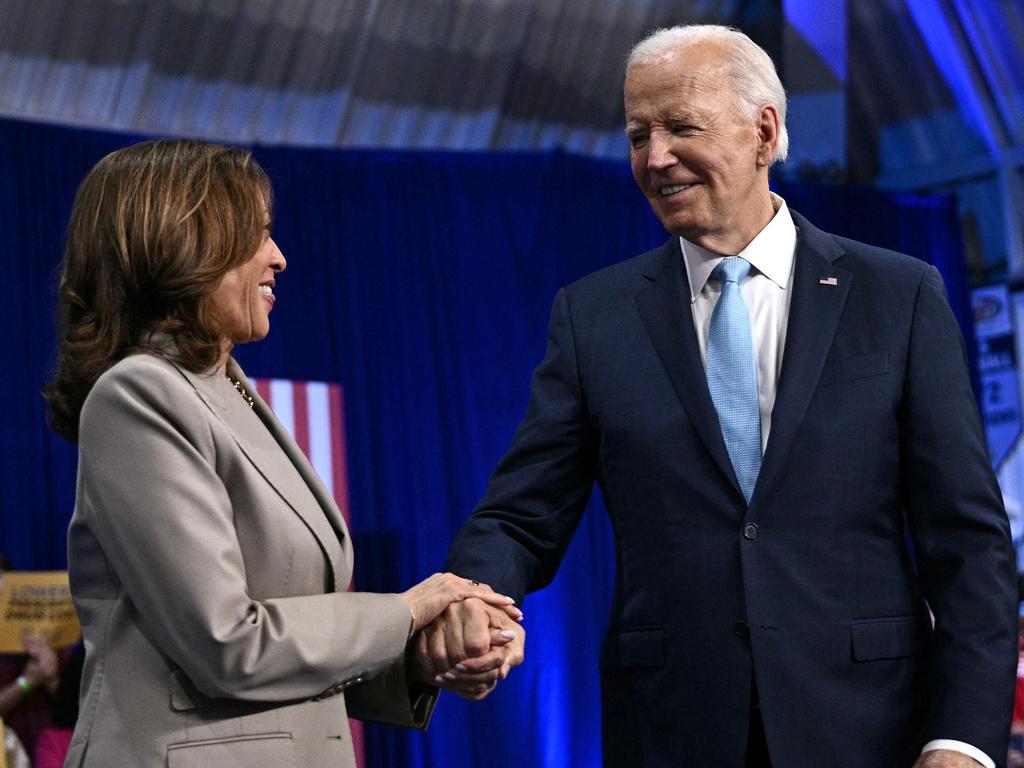 Joe Biden and Kamala Harris shake hands after speaking at Prince George's Community College in Largo, Maryland. Picture: AFP