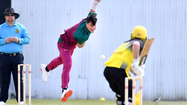 Redlands bowler James Bazley Premier First grade cricket between Western Suburbs and Redlands. Saturday September 18, 2021. Picture, John Gass