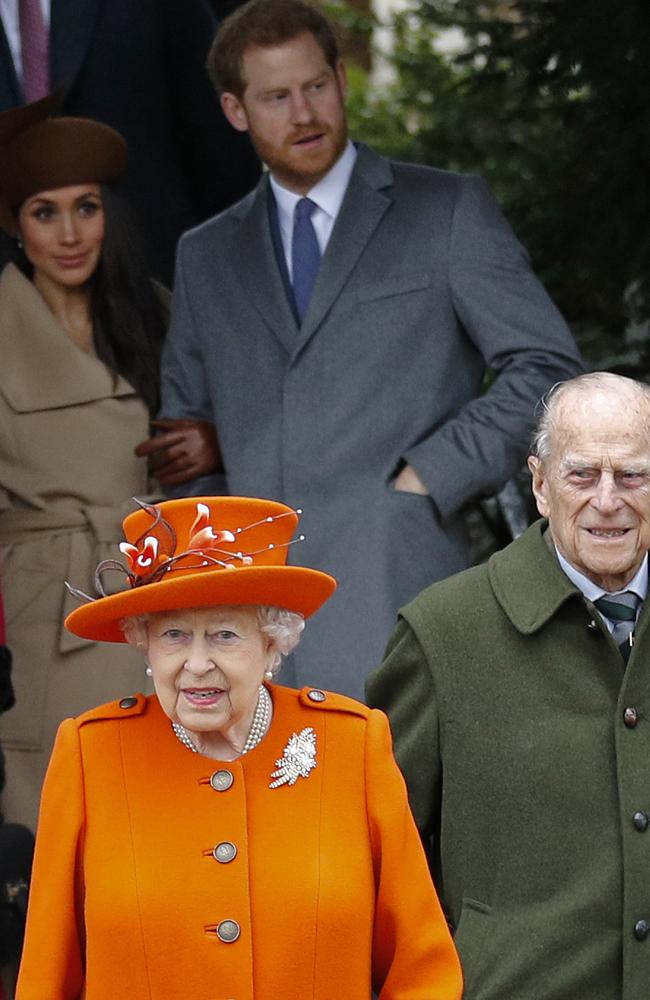 Prince Philip and the Queen pictured with Prince Harry and Meghan Markle on Christmas Day 2017. Picture: AFP