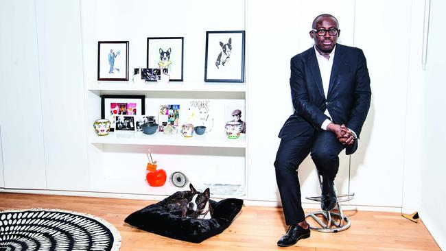 Edward Enninful with his Boston terrier Ru in his London office at Vogue. Picture: Tom Jackson