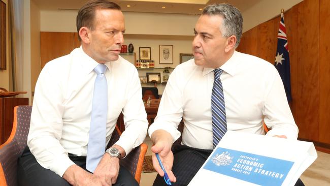 Tough decisions. Prime Minister Tony Abbott and Treasurer Joe Hockey sound like they will be defending some controversial Budget measures. Picture: Gary Ramage.