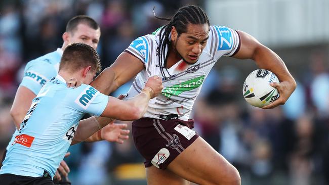 Manly's Martin Taupau terrorised Cronulla on Sunday. Picture: Brett Costello