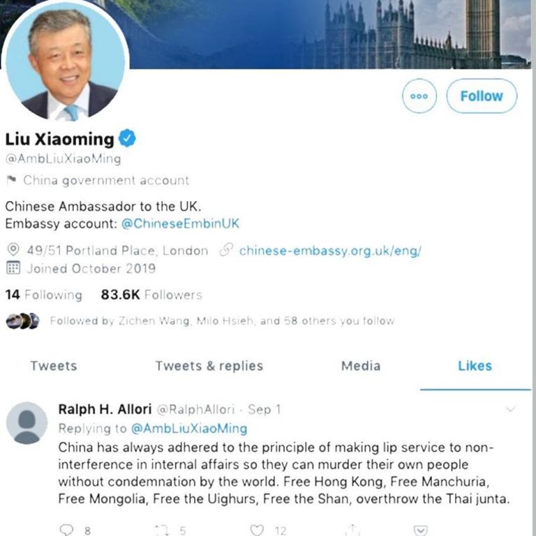 A screenshot showing China's UK ambassador had liked an anti-China post.