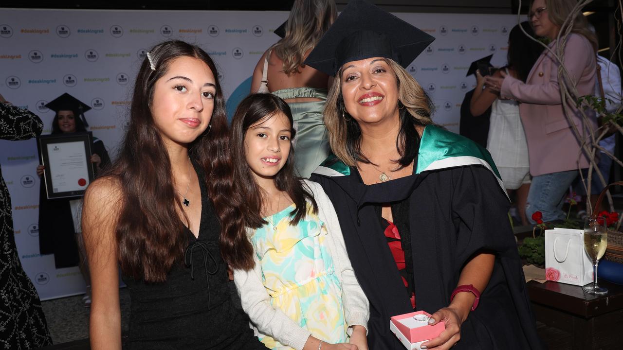 Aaliyah, Sofia and Lissette Brearley. Deakin School of Education; NIKERI; and Centre of Humanitarian Leadership students graduated on Wednesday lunchtime. Picture: Alan Barber