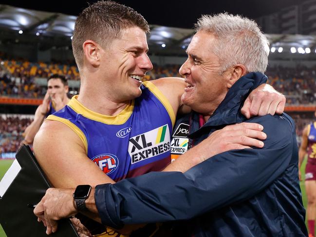 BRISBANE, AUSTRALIA - OCTOBER 02: Dayne Zorko of the Lions and Chris Fagan, Senior Coach of the Lions celebrate during the 2020 AFL Second Qualifying Final match between the Brisbane Lions and the Richmond Tigers at The Gabba on October 02, 2020 in Brisbane, Australia. (Photo by Michael Willson/AFL Photos via Getty Images)