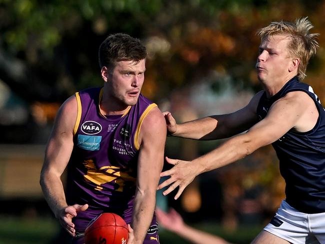 CollegiansÃ Sam Hibbins and Old MelburniansÃ  Charles Dowling during the VAFA Collegians v Old Melburnians football match in St Kilda, Saturday, May 13, 2023. Picture: Andy Brownbill