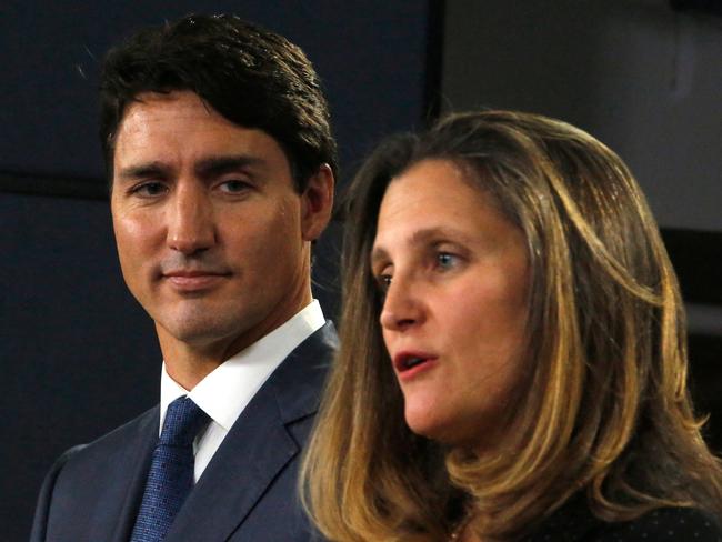 Chrystia Freeland (R) made a shock exit from Trudeau’s cabinet in December. Picture: AFP