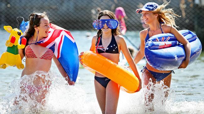 Mia Colella, Simay Celik and Holly Maw from Manly, enjoying Australia Day at Manly Cove last year. Picture: Troy Snook