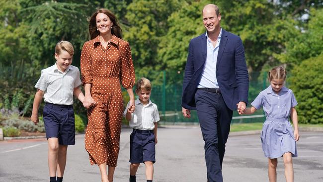 George, Charlotte and Louis arrive at school. Picture: AFP