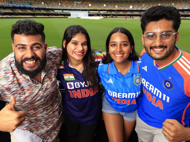 Indian fans Bhavesh Hemrajani, Twinkle Sanan, Aileen Noori, Harshul Pathak get ready for the 3rd Cricket test between Australia and India to start at the Gabba in Brisbane. Pics Adam Head