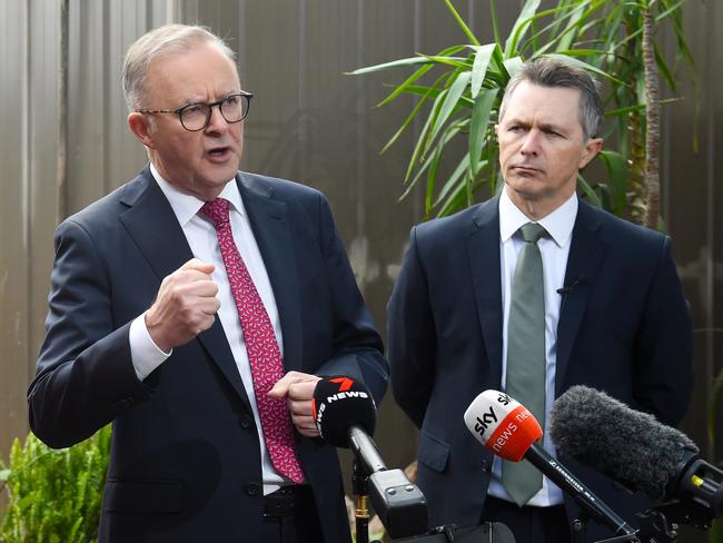 Prime Minister Anthony Albanese and Education Minister Jason Clare at the Merri Community Child Care and Kindergarten on Friday. Picture: Nicki Connolly