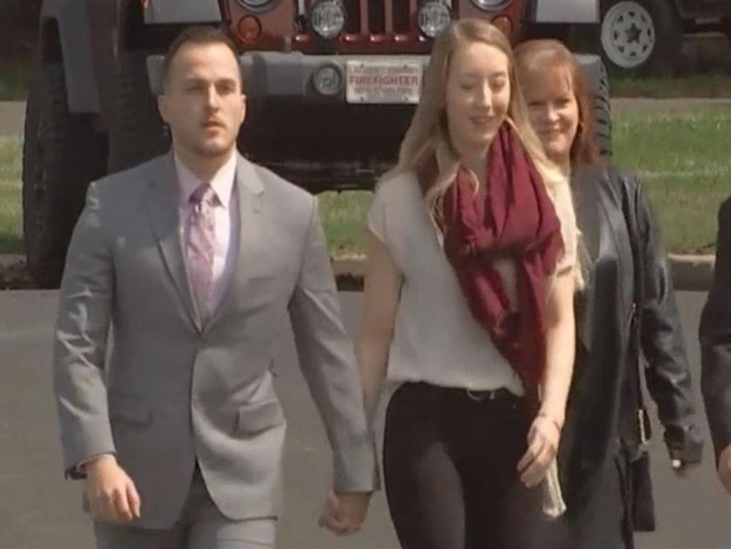 Matthew Aimers wife has stood by her man after he admitted exposing himself to the teenager. Picture: NBC New York