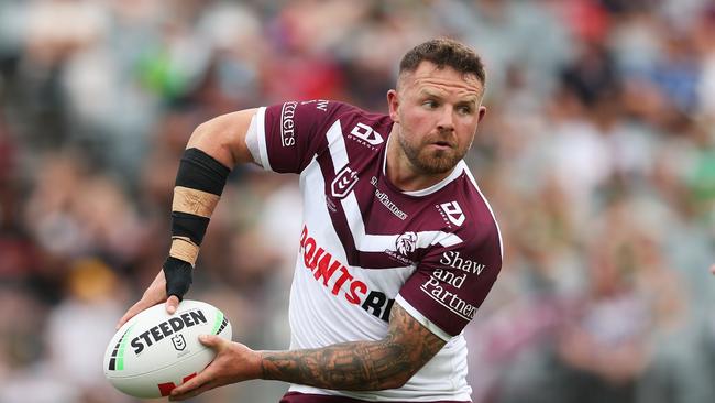 GOSFORD, AUSTRALIA - FEBRUARY 11:  Nathan Brown of the Sea Eagles passes during the NRL pre-season trial match between Manly Sea Eagles and South Sydney Rabbitohs at Industree Group Stadium on February 11, 2024 in Gosford, Australia. (Photo by Matt King/Getty Images)