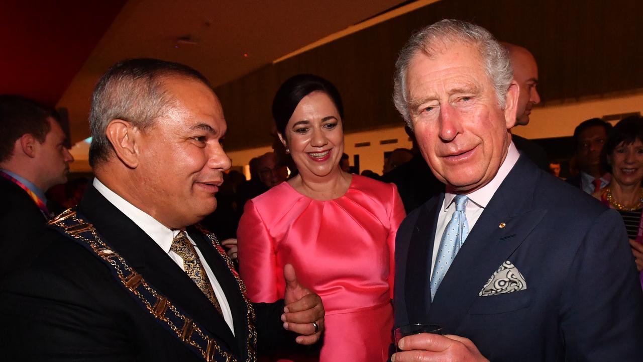 Prince Charles, Prince of Wales (R), Gold Coast Mayor Tom Tate (L) and Queensland Premier Annastacia Palaszczuk attend a Welcome to Games Reception ahead of the Opening Ceremony for the Gold Coast 2018 Commonwealth Games at Carrara Stadium on April 4, 2018 on the Gold Coast, Australia. Picture: Darren England - Pool/Getty Images