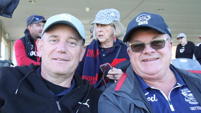 Kevin Boland and Peter Thomson at Traeger Park, Alice Springs, for the Demons Saints game on June 1, 2025. Picture: Gera Kazakov