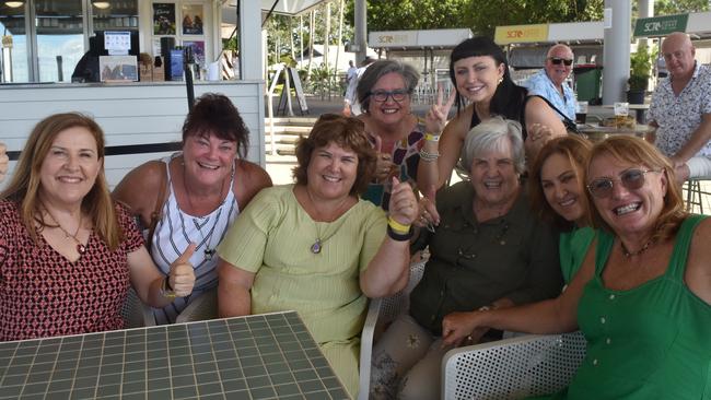 Susan McGill, Paula Franklin, Tracey Silcox, Margaret Clarke, Bobbie Jones, Sachi Neilsen, Deonne Ehlerth and Simone Hayden at the Sunshine Coast Races on April 7, 2024.