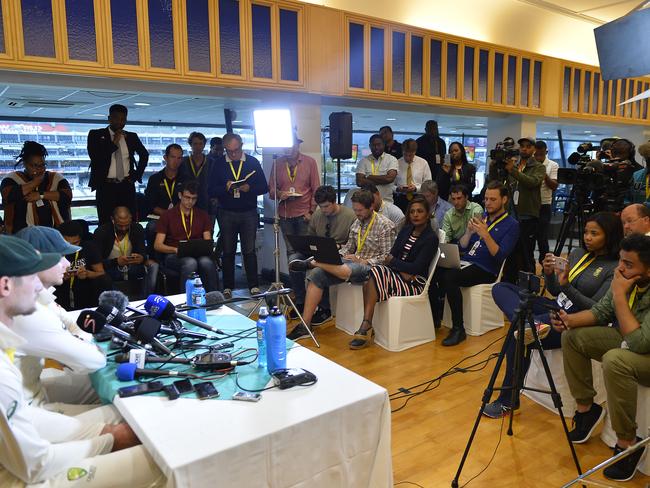 Steven Smith (capt) and Cameron Bancroft of Australia face the media.