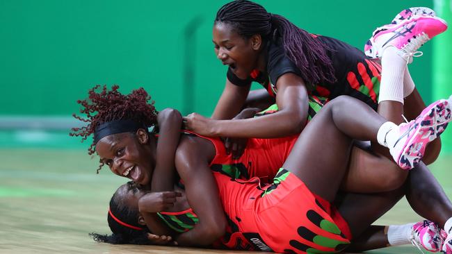 Malawi celebrate their massive upset win over New Zealand. Picture: Getty Images