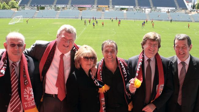 The then new owners of Adelaide United – Dr. Richard Noble, Robert Gerard, Fay Gerard, Bruno Marveggio, Greg Griffin and ex chief executive Glenn Elliott