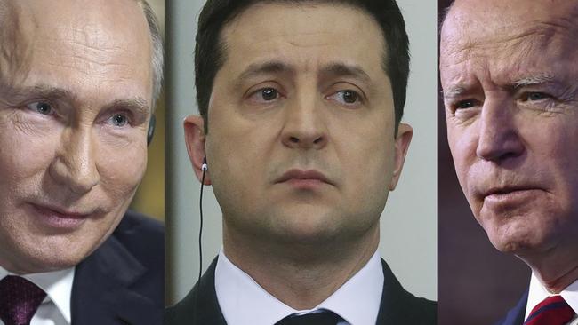 Russia's President Vladimir Putin, Ukrainian President Volodymyr Zelensky, and US President Joe Biden. Picture: AFP