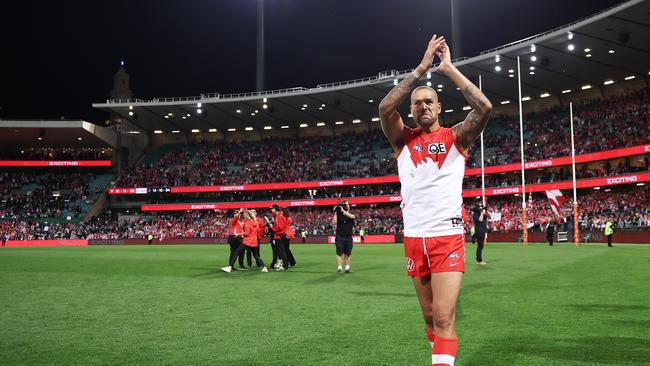 Lance Franklin celebrates the Swans’ preliminary final win. Picture: Getty