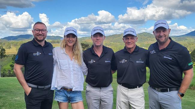 on an Keating (centre) and his wife Storm with (from left) Ben Sciberras from TaylorMade, Storm’s father Gordon Uechtritz and Survivor Golf CEO David Cameron.