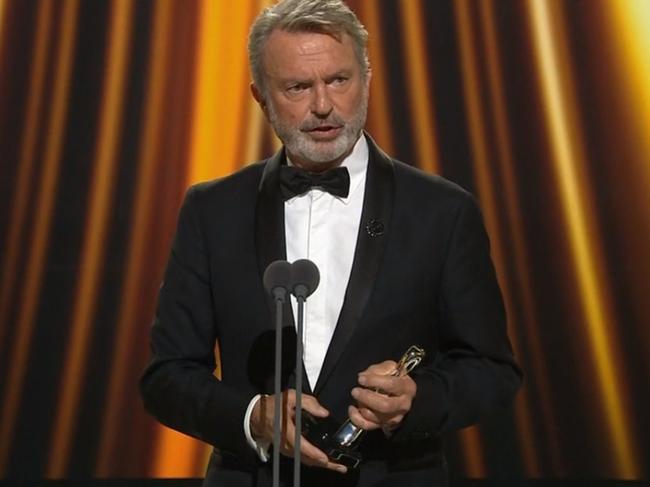 Sam Neill accepts his Logie Award for The Twelve at last year’s ceremony. Picture: Channel 7