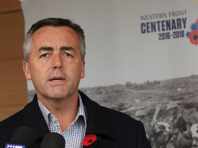 Minister for Veterans' Affairs Darren Chester talks to the media at the Monash Centre in Villers Bretonneux. Picture: Ella Pellegrini