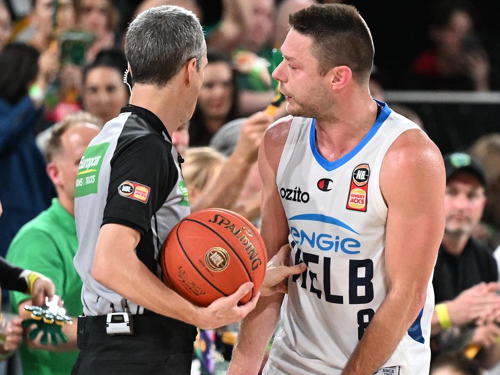 Matthew Dellavedova remonstrates with a match official during game two. Picture: Getty Images