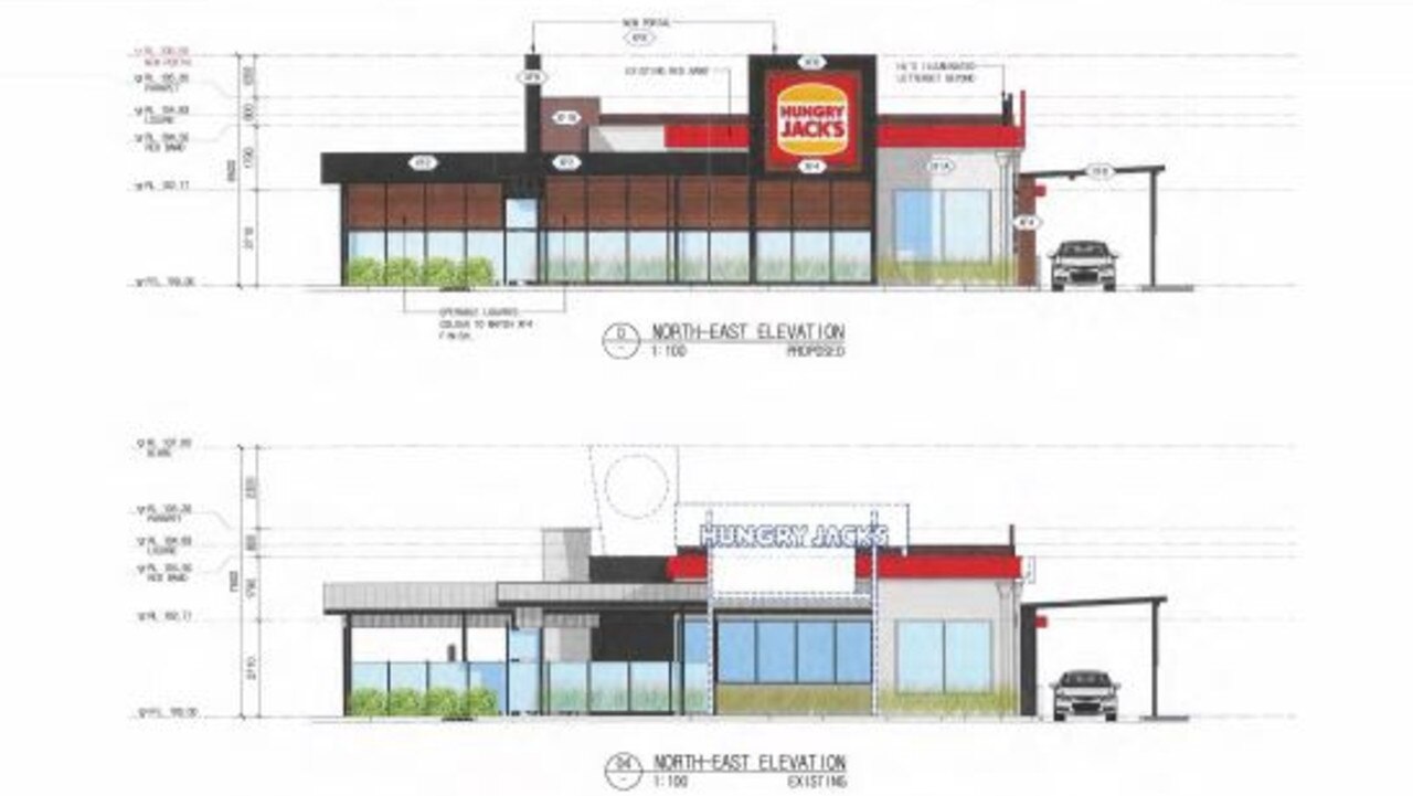 Gympie’s Hungry Jack’s will receive a million-dollar make over, including a new sign and louvres seen from the front of the restaurant. The bottom diagram shows how the restaurant looked previously, while the top shows how it will look once it reopens.