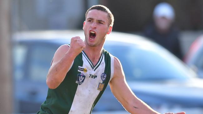 Keilor recruit Kyle O'Connor celebrates a goal during his days at Bell Park. Picture: Stephen Harman