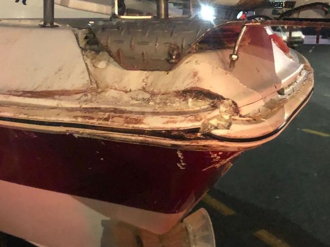 MACKAY: The damage to a 6.8m boat after it collided with a bulk carrier at night on Saturday, October 29, 2022.