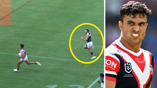 The moment Joseph Suaalii burst through the line and appeared to blatantly ignore skipper James Tedesco. Pic: Fox Sports/Getty