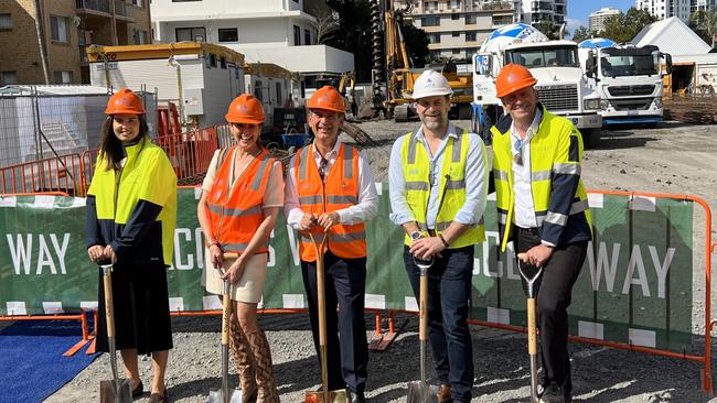 Sod turning for the new Quest in Southport L-R: Viktoriia Moisieieva (Quest Design Coordinator); Anita Vecchio; Sam Vecchio (Vecchio Property Group); James Prattent (ADCO Constructions); David Mansfield (The Ascott Limited Australasia Managing Director) Picture: Supplied