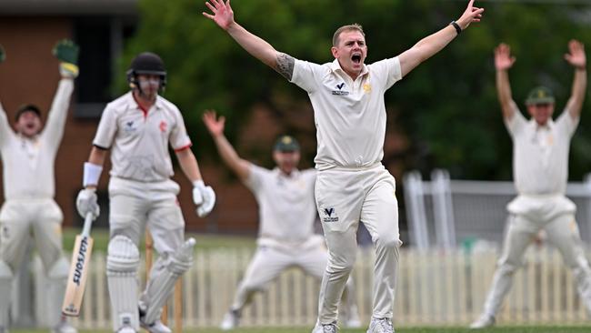 Essendon’s Liam Molloy survives an LBW shout from Northcote’s Jonty Rushton. Picture: Andy Brownbill