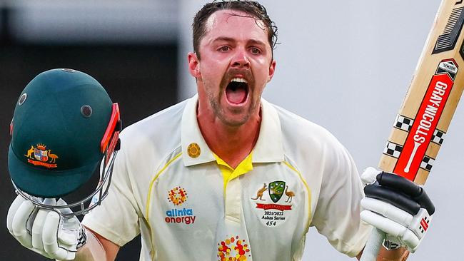 Travis Head celebrates his ton in the first Test. Picture: AFP