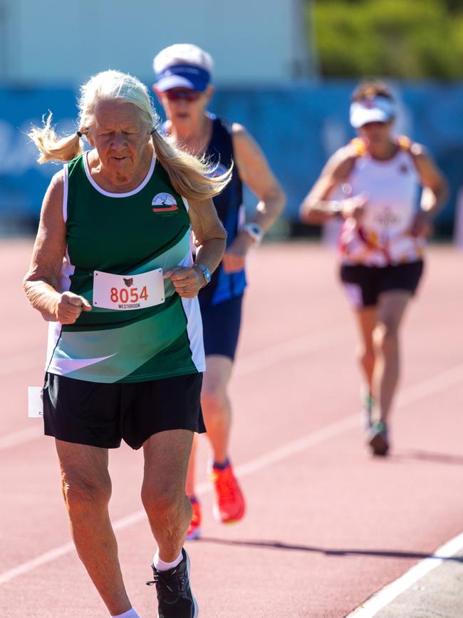Suzanne Westbrook from Tasmanian Masters Athletics took part in the 800m event at the Masters Athletics tournament on Friday 29th March 2024 at the Domain Athletics centre Hobart. Picture: Linda Higginson