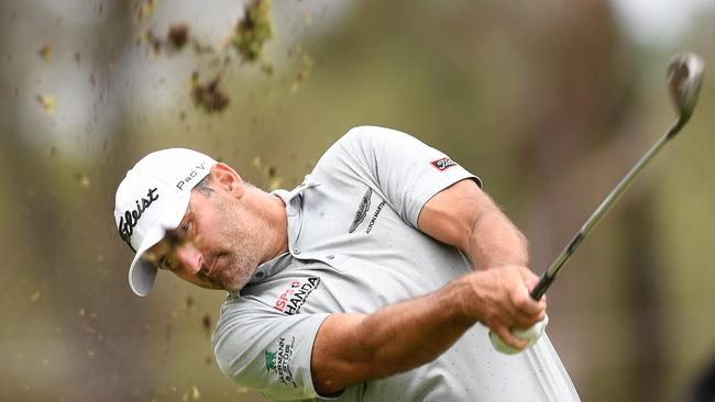 New Zealand golfer Michael Hendry plays a shot on day four of the 2019 Australian PGA Championship at Royal Pines Resort on the Gold Coast. Picture: AAP Image/Dan Peled