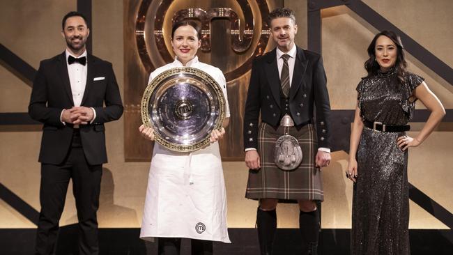 MasterChef Australia winner Emelia Jackson with Jock Zonfrillo (centre), Andy Allen and Melissa Leong. Picture: Channel 10