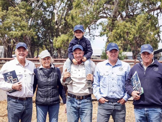 The Baiilieu family, l-r. Charlie, Sybil, Ruki with son Archie (4), Sam and Antony Ballieu. Yarram Park final bull sale. Pictures Nicole Cleary.