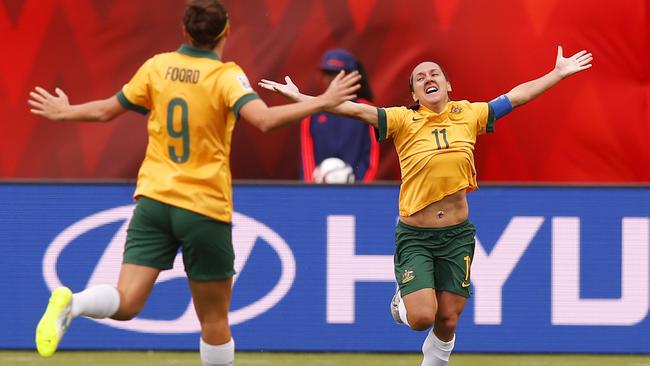 Lisa De Vanna celebrates her goal with teammate Caitlin Foord during the FIFA Women's World Cup.