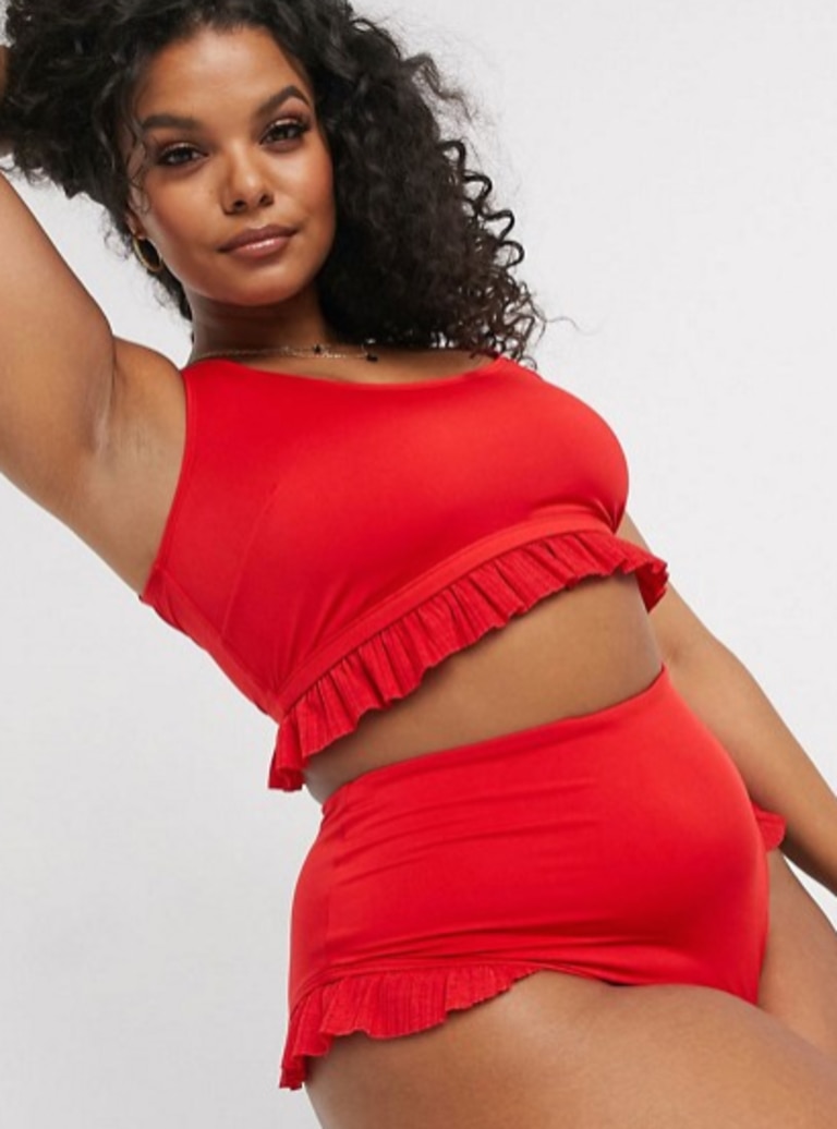 ASOS Curve, Pleated Frill Bikini in Red.