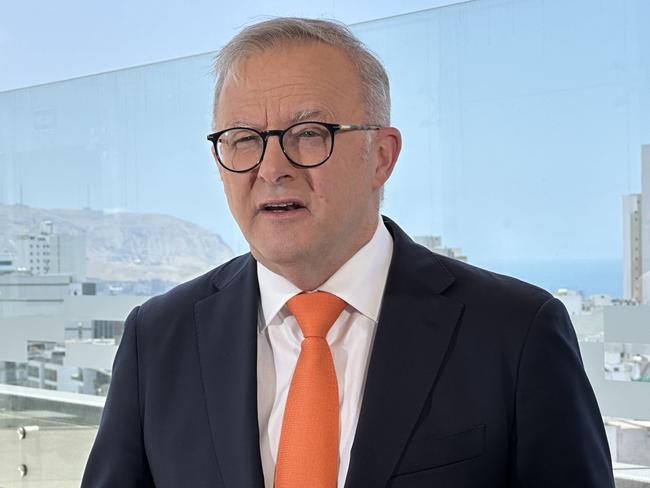 Prime Minister Anthony Albanese speaking at a press conference in Lima, Peru on the sidelines of the Asia Pacific Economic Cooperation (APEC) summit. Picture: Clare Armstrong