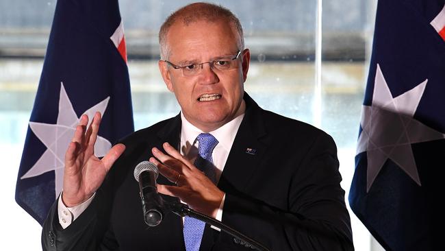 Australian Prime Minister Scott Morrison delivers his speech at the Valley Chamber of Commerce business luncheon in Brisbane, Monday, April 8, 2019. (AAP Image/Dave Hunt) NO ARCHIVING