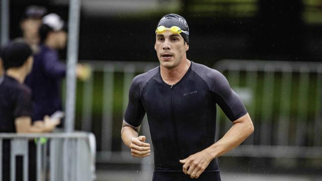 Chillian triathlete Martin Ulloa finishes the swimming section of the Ironman 70.3 Tasmania in Hobart on Sunday 4th February. Picture: Linda Higginson