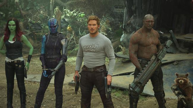 Gillan as Nebula with her Guardians of the Galaxy “family” (from left) Gamora (Zoe Saldana), Star-Lord/Peter Quill (Chris Pratt), Drax (Dave Bautista) and Rocket (voiced by Bradley Cooper). Picture: Marvel/Disney